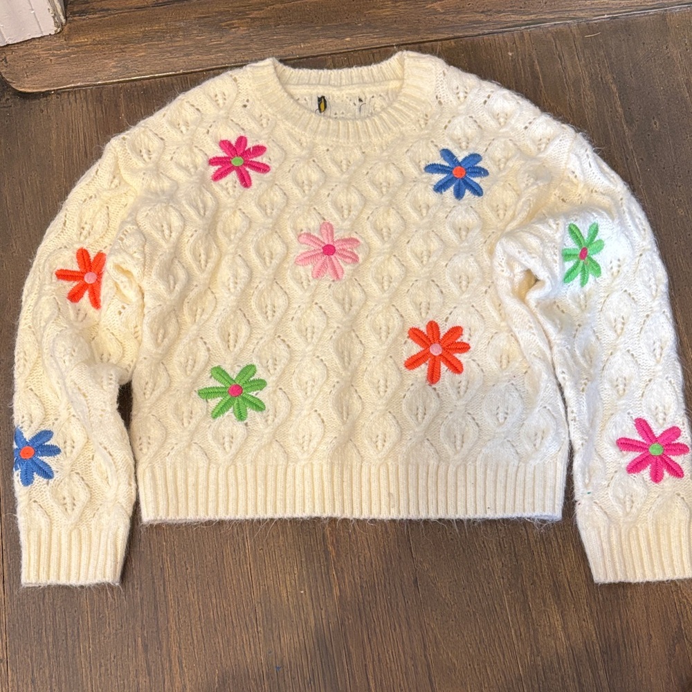Floral Embroidered Cream Sweater